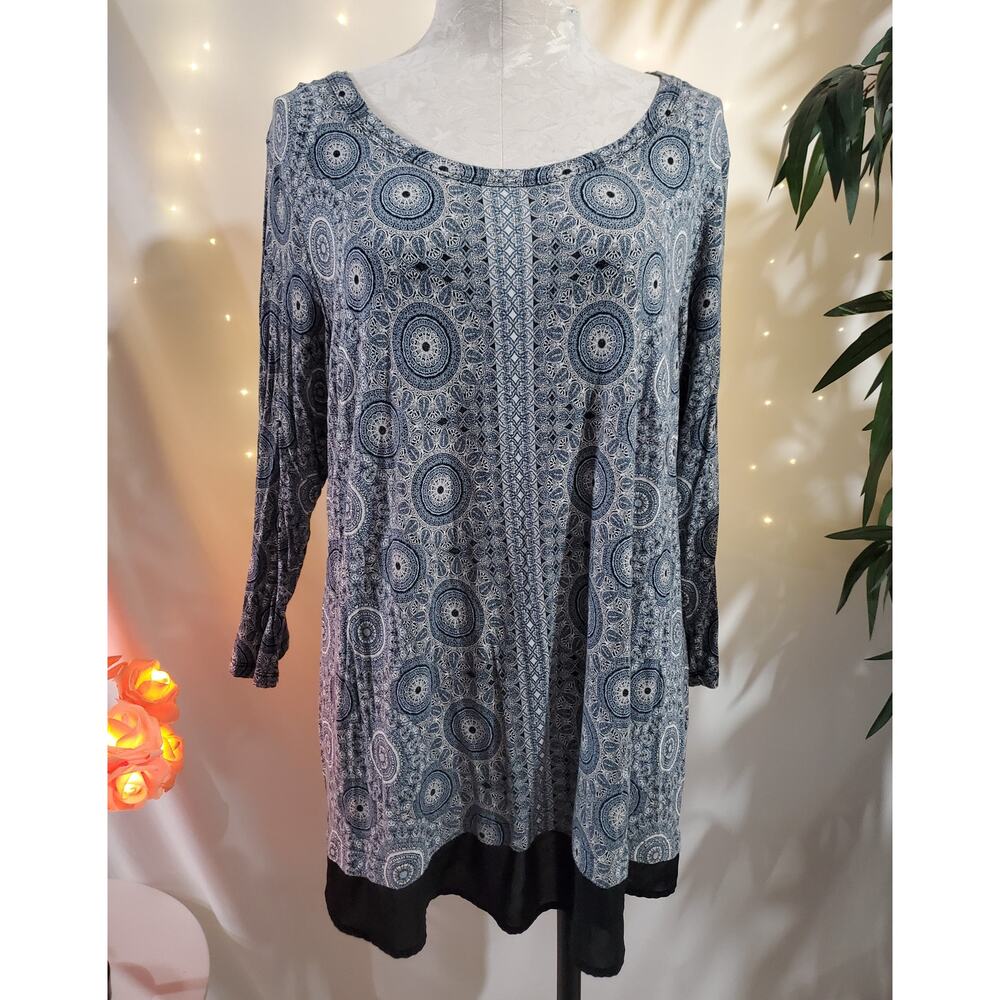 Rose + Olive Boho Mandala 3/4 Sleeve Tunic Top Womens Plus Size 1X Blue Hippie